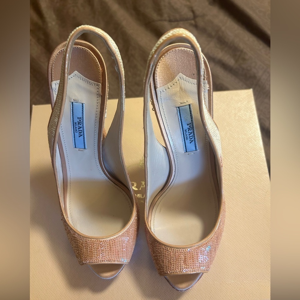 Prada Milano sequence palillette open toe sling back platform high heel
